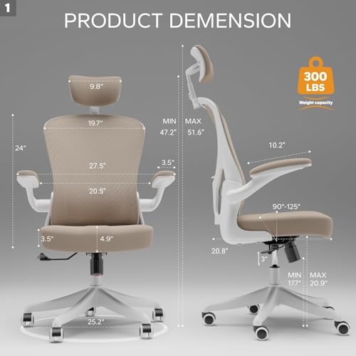 Image of Office Chair (02Khaki, Chair) | 360 Swivel Adjustable Lumbar Support & Flip-Up Armrests capacity 300 lbs capacity