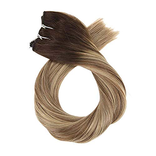 16 Inch Real Wire Hair Extensions 80 Grams Hidden Crown Hair Extensions Color 3 Brown to 8 Light Brown Mixed with 22 Blonde Halo Remy Hair Extensions