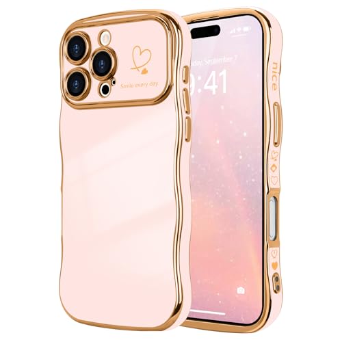 LCHULLE for iPhone 16 Pro Case for Women Girls, Cute Wave Frame Curly Shape with Love Heart Pattern Raised Camera Protection Cover Luxury Plating Shockproof Phone Case for iPhone 16 Pro, Nude Pink