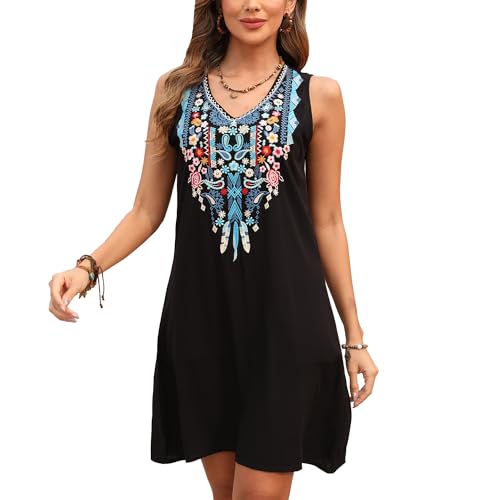Image of Higustar Women's Mexican Embroidered Dress Traditional Fiesta Boho Style Floral Sleeveless Dresses Ladies Summer Sundresses