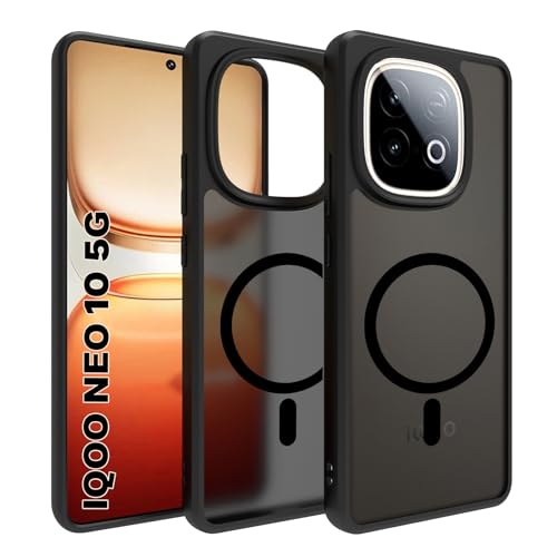 Image of RIGGEAR Shockproof Sleek Hybrid Armor Magnetic Back Cover Case Compatible with MagSafe Accessories for iQOO Neo 10 5G (Smoke Black Matte PC and Black TPU Bumper)