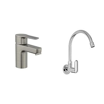 KOHLER July Comfort-Height Basin Mixer, Single Control Lav Faucet, Without Drain (Vibrant Brushed Finish)+Kohler Kumin Wall Mounted Kitchen Faucet (Cold only) (99482IN-4-CP)