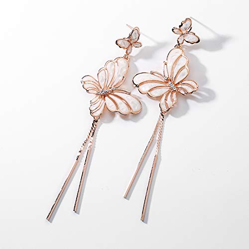 Rose Gold Butterfly Light Pink Enameled with Mother of Pearl Dangle Tassel Long Earrings Pierced - Image 5
