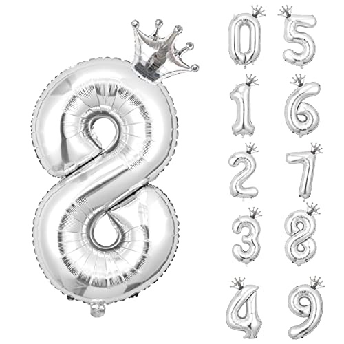 養楽堂 誕生日 バルーン 数字 パーティー 飾り風船 0-9 王冠 デコレーション装飾 32インチ 大きい バルーン 結婚式 記念日 子供 大人兼用 シルバー8