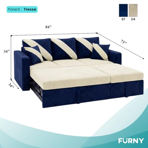 Image of FURNY Trivia 4 Seater RHS Lounger Sofa Cum Bed (Dark Blue - Cream) with Pull-Out Function | Luxury Velvet Suede Finish | Durable Comfort | Ideal for Living Room