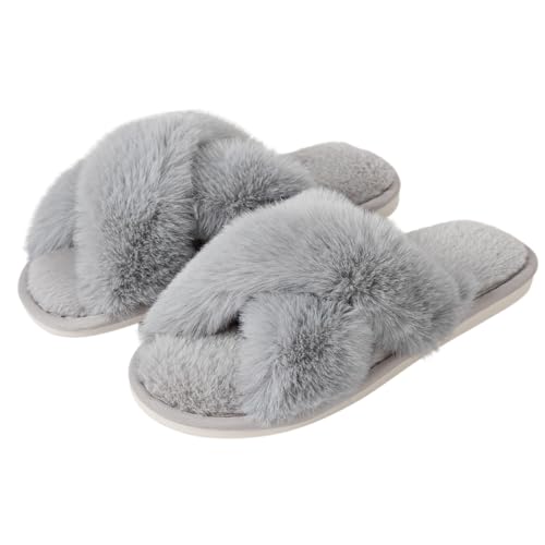 Image of Enteer Women's Slipper Memory Foam Cross Band Fuzzy Slippers Open Toe Cozy House Slippers Cozy Plush Bedroom Indoor Outdoor