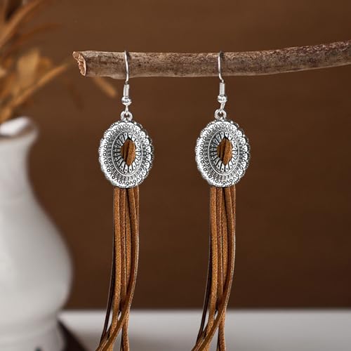Boho Western Cowgirl Earrings for Women Vintage Leather Tassel Long Drop Earrings Bohemian Brown Leather Earrings Western Trendy Jewelry for Women4