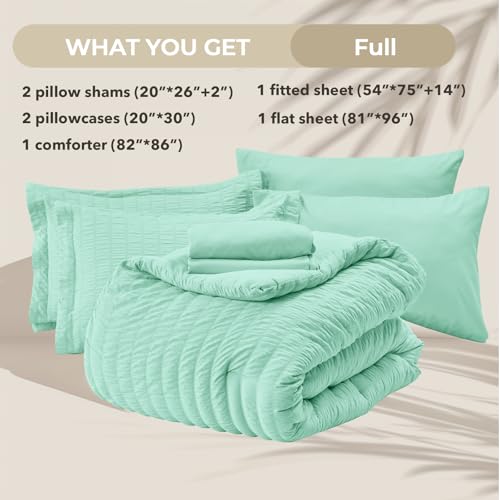 Image of HYMOKEGE Mint Green Full Size Comforter Sets Seersucker 7 Pieces, All Season Luxury Bed in a Bag for Bedroom, Bedding Set with Comforter, Sheets, Pillowcases & Shams