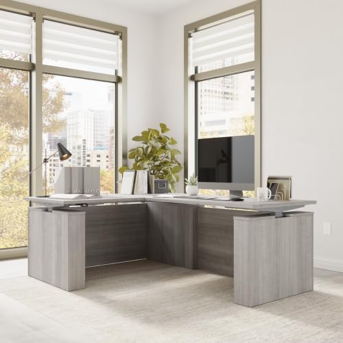 Image of Bush Business Furniture 60-inch Electric Height Adjustable L Shaped Standing Desk, Ergonomic Sit-Stand Computer Table for Office, Stratus Collection, Platinum Gray with Metallic Gray Base