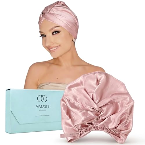 MATASSE 22 Momme 100% Mulberry Silk Hair Bonnet for Sleeping Grade 6A on Both Sides Premium Elastic Stay On Head Hair Wrap for Curly Straight Hair Silk Bonnet for Women (Pink)