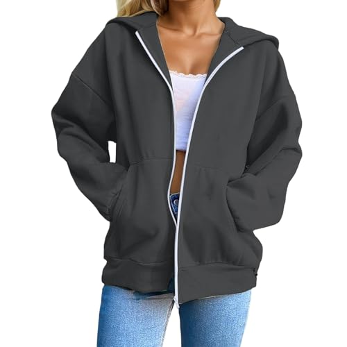 Loinjsnktng Light Weight Zip Up Hoodie Women Plus Size 2026 Casual Long Sleeve Zipper Sweatshirt Fall Hooded Top With Pockets Dark Gray - image 2