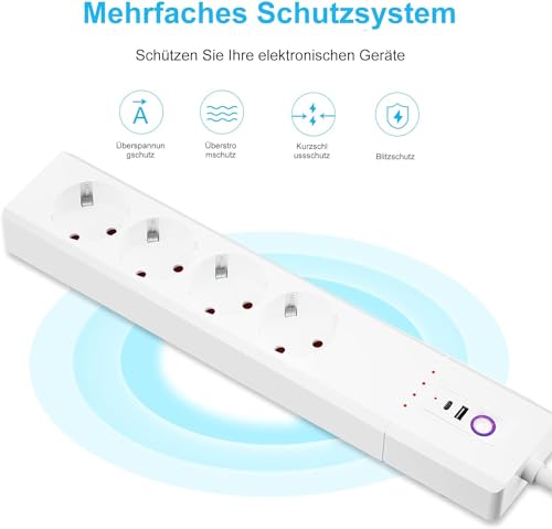 Jinvoo Steckdosenleiste, USB-C 65W, 1700J &Uuml;berspannungsschutz-Mehrfachsteckdose, Steckdosenverteiler mit 1,5 m wei&szlig;em Verl&auml;ngerungskabel, Office Home-Steckdose, &Uuml;berlastschutz,3000W,16A