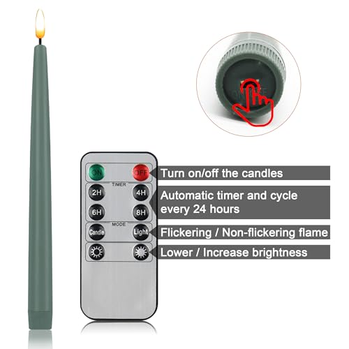 Image of CVHOMEDECO. Flameless Taper Candles with 10-Key Remote, Battery Operated Led Flickering 3D Wick Window Candles Real Wax Finished Home Christmas Party Decor 0.78 x 11 Inch, Pack of 3, Grey Green