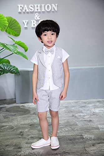 4Pcs Kids Boy’s Suits Summer Outfit Vest, Short Sleeve Shirt, Bowtie Pants Set For Wedding Graduation (Grey,7) #TOP4