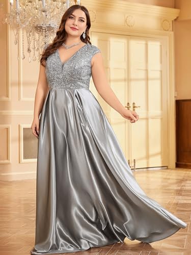 Image of Plus Size Satin Mother of the Bride Formal Gown for Wedding Sleeveless V-Neck Evening Dress