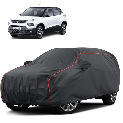 Image of Sulfar 100% Water Resistant Car Body Cover Compatible with Mirror for Tata Punch (Triple Stitched, Full Bottom Elastic, Dark Grey Taffeta with Red Piping)