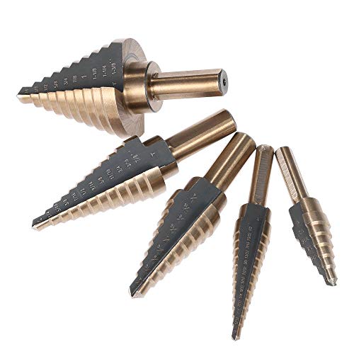 Step Drill Bit, 5pcs High Speed Steel 4241 Set Kit Round Shank Pagoda T-wist Drills Drilling Tool with Storage Box for Workpiece Portable