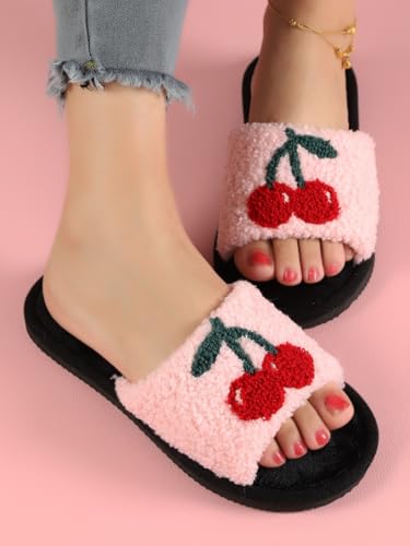 Coquette Cherry Slippers for Women Platform Fluffy Slides Slip On House Slippers Open Toes No Slip Chunky Sole Retro Warm Cotton Lined Comfort Wear Shoes Home Bedroom Christmas Gifts for Couples4