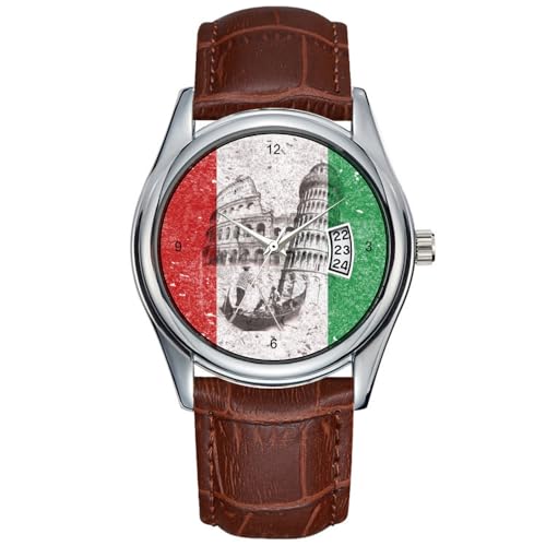 Montre à quartz pour homme - Style décontracté - Étanche - Date - Classique - En cuir marron - Bracelet de Noël - Drapeau et symboles de l'Italie, marron,...