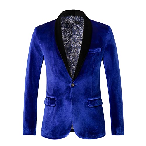 WZIKAI Mens Velvet Blazer Slim Fit One Button Solid Suit Jacket Sport Coat for Wedding Prom Dinner Party