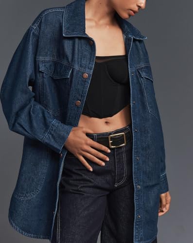 LifeShe Denim Womens Shacket Oversized Jean Jacket Boyfriend Pocket Long Shirt3