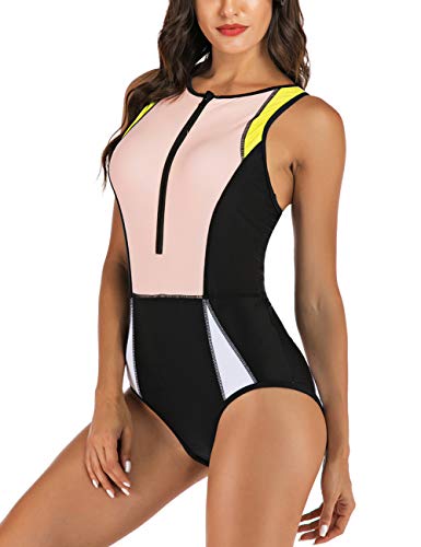 Sebowel Women Sleeveless Rash Guard Zipper Surfing Suit One Piece Swimwear Swimsuit, Light Pink, L #TOP2