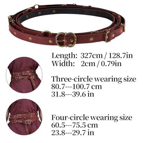 Image of HiiFeuer Medieval DIY Faux Leather Metal Chain Belt, Vintage Adjustable Thin Belt For Women, Retro Skinny Belt For Dresses (Red A)