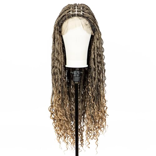 sedittyhair 32 inches Synthetic Lace Frontal Boho Knotless Box Braided Wigs with Curly Honey Blonde Hand Braiding Wig with Baby Hair for Black Women Lace Front Square Knotless Braid Wig (1B/27)