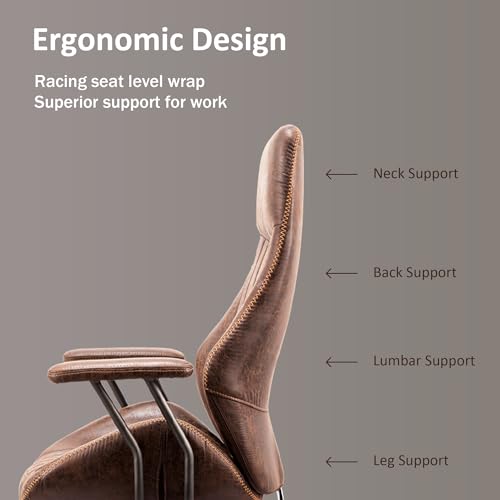 Image of High Back Home Office Chair, Mid Century Vintage Executive Chair,Comfy Ergonomic Rolling Office Task Chair with Lumbar Support,Brown Faux Leather Office Chair,Dark Brown
