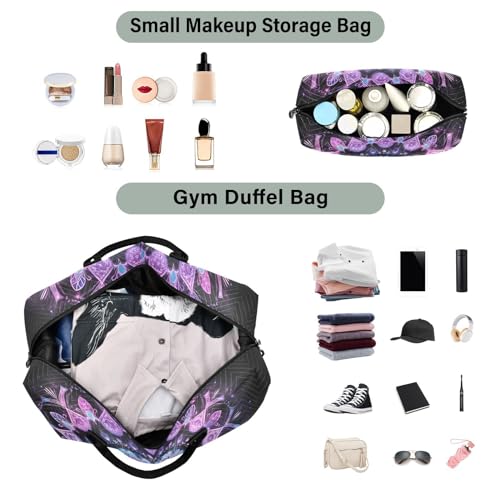 Large Travel Duffel Bag, Purple Floral Circle Sports Tote Gym Bag, Shoulder Weekender Overnight Bag for Women Men, Carry On Luggage with Toiletry Bags4