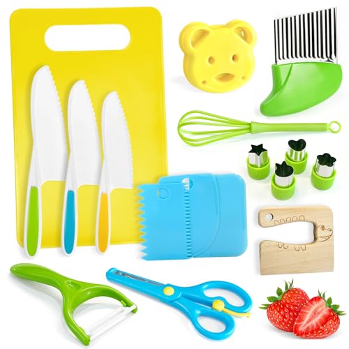 Image of Chanking 17 Pieces Kids Safe Knife Set for Real Cooking Child-Friendly Plastic Chef Tools Montessori Kitchen Toys for Toddlers Birthday Gifts for Boys and Girls Ages 4+ (A)