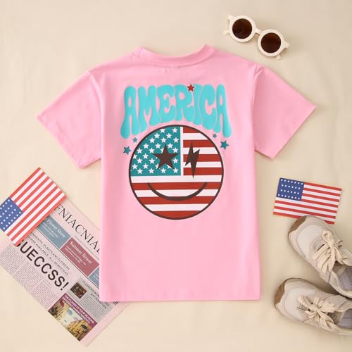 Image of MODNTOGA Boys Girls 4th of July Shirt USA Flag Graphic T-Shirt Big Kids America Print Short Sleeve Patriotic Holiday Tee Tops (Pink, 7-8 Years)