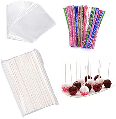 Fiocirr 300 PCS Cake Pop kit, Including 100ct 6-inch Cake Pop Sticks, 100ct Clear Candy Treat Bags Parcel, 100ct Twist Ties for Cake pop, Lollipop, Hard Candy, Suckers, Chocolate