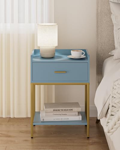 Image of Masupu Nightstand,Bedside Table 3-Tier Modern Night Stand with Storage Drawer and Shelf,Small End Side Table for Bedroom,Living Room,Black (Without Outlet, Blue)