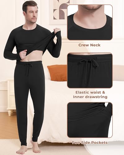 Image of NACHILA Mens Pajamas Set Long Sleeve Henley Sleepwear Top Soft Jogger Pants Pajamas Cool Pjs Set,Viscose Made from Bamboo