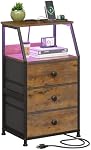 GiftGo Nightstand with Charging Station Led Light and 3 Fabric Drawers Bedside Sofa Side End Table for Bedroom Living Room (Rustic Brown, 3 Drawers)