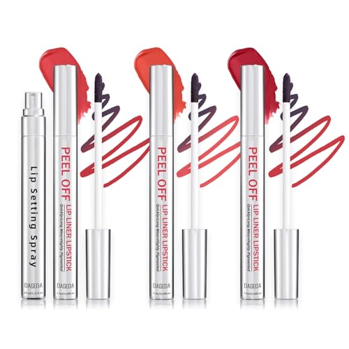 Prreal 3PCS Peel Off Lip Liner Stain Set, Tattoo Peel off Lip Stain Lang houdbaar met Lip Setting Spray en Pincetten, Snelle Kleur Hoog Gepigmenteerde Matte Lip Tint Stain Lipstick
