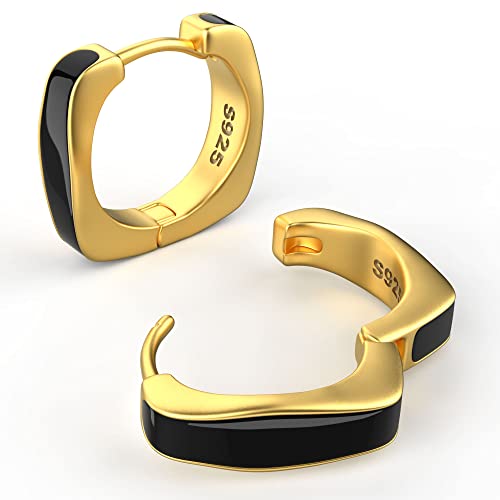 14K Gold Plated Chunky Enamel Huggie Hoop Earrings For Women - Matte Neon Colorfu Small Huggie Earrings Thick Nickel Free Hypoallergenic (Black) #TOP1