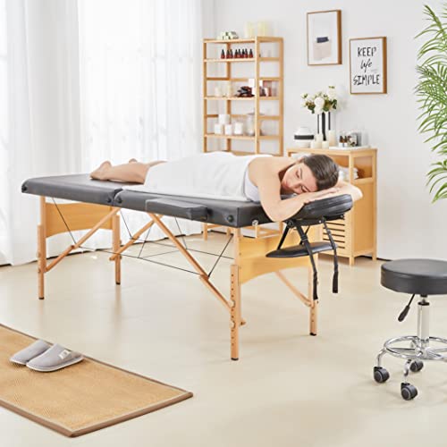Yaheetech Mobile Massagelige 2 Zonen Massagetisch Höhenverstellbare Massagebank mit Holzfüßen und Tragetasche Klappbare Kosmetikliege 70 cm Breit, Schwarz