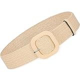 Syhood Women Straw Woven Belt Elastic Rattan Waist Raffia Stretch Braided Belt(Beige,Fit Waist Size Below 36'')