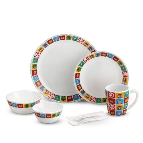 Image of CELLO Kidzbee Avengers Design Set of 7 Pieces Opalware Kids Dinner Set, White | Food Grade Toughened OpalGlass, Microwave & Dishwasher Safe, Bone Ash Free, Stackble Bowls Mug & Plates Kids Dinner Set
