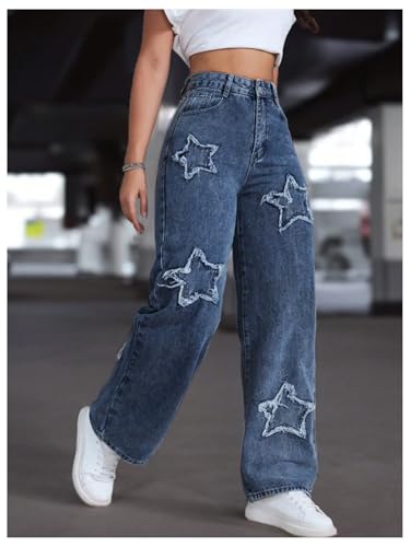 WDIRARA Women's Star Patchwork Jeans High Waisted Straight Leg Denim Pants2
