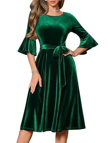 Emerald Velvet Dresses for Women with Long Sleeve Fall Wedding Guest Dresses Green Velvet Midi Dress for Women Formal Christmas Party Velvet-DarkGreen XL