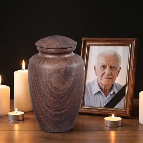 Image of Large Wood Grain Cremation Urn for Ashes for Human,Elegant Urn for Ashes Adult Male Female Man or Woman,Decorative Burial for Man /Dad /Father /Brother /Grandpa(Aluminum)
