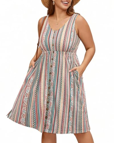 Image of Holipick Women's Plus Size Summer Dresses for Women Casual Dress with Pockets A-Line Swing Button Down Sleeveless V Neck