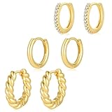 8YEARS Gold Hoop Earring Set for Women, 18K Gold Plated Dainty Small Huggie Earrings for Multiple Piercing With 925 Sterling Silver Post, Trendy Cartilage Earrings 3 Pairs (3 Pairs- Gold hoops+ CZ hoops+ Twisted hoops)
