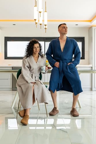 Image of Muslin Unisex Bathrobe Women & Men, 100% Cotton Kimono Lightweight Robe | Long Robes Soft, Absorbent, Spa robes