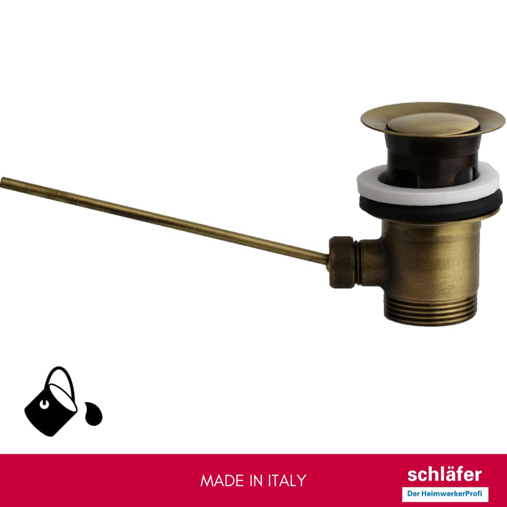 Schläfer 40510210 | Piletta Universale con Tappo Saltarello in Metallo Pesante per Scarico Lavabo Bagno e Bidet 1"1/4 con Troppopieno. Finitura Bronzo Antico, Vecchio Ottone