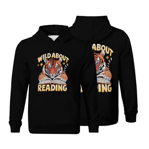 Kids Cute Wild About Reading Tiger Boys Girls Lightweight Kangaroo Pocket Fleece Hoodies