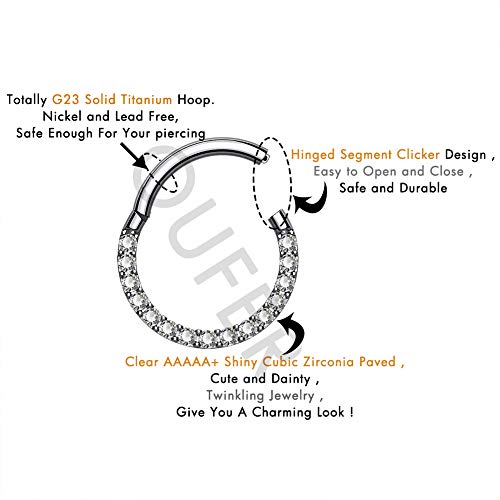 Oufer Titanium Daith Earring Hoop Solid G23 Cartilage Tragus Helix Rings 16G Titanium Septum Piercing Jewelry Hinged Segment Hoop With Clear Cz Paved #TOP3